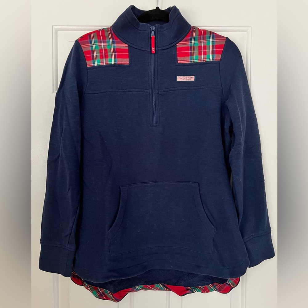 Vineyard Vines Navy Pullover with Red Plaid Accents